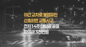 야간 교차로//불법유턴 신호위반,//오토바이 운전자//대퇴골 전자간//골절(S72.1)//전치14주//합의금 3천만원