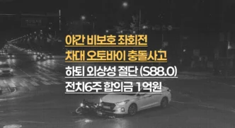 야간 비보호좌회전 승용차에 오토바이 충돌, 하퇴 외상성 절단(S88.0) 전치6주 합의금 1억원