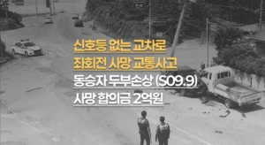 신호등 없는 교차로//좌회전 사고,//동승자 두부손상//(S09.9) 사망//합의금 2억원