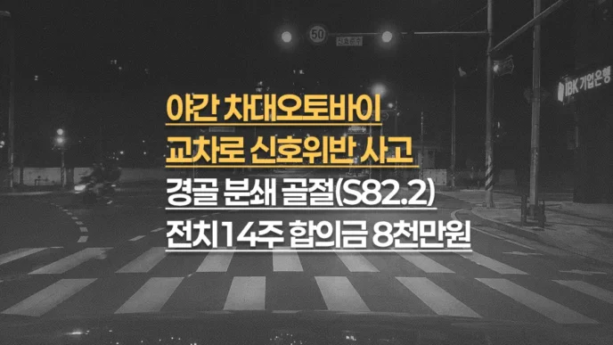 야간 차대오토바이 신호위반, 분쇄골절(S82.2) 전치14주, 합의금 8,000만원