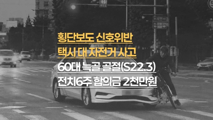 신호위반 택시 60대 자전거 교통사고, 늑골 다발골절(S22.3) 전치6주, 합의금 2천만원