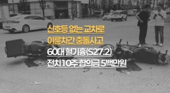 신호등 없는 교차로 이륜차간 충돌사고, 60대 외상성 혈기흉(S27.2) 전치10주, 합의금 500만원