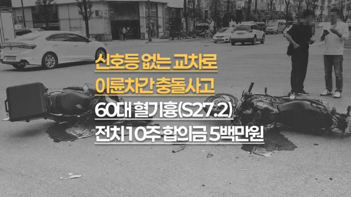 신호등 없는 교차로 이륜차간 충돌사고, 60대 외상성 혈기흉(S27.2) 전치10주, 합의금 500만원
