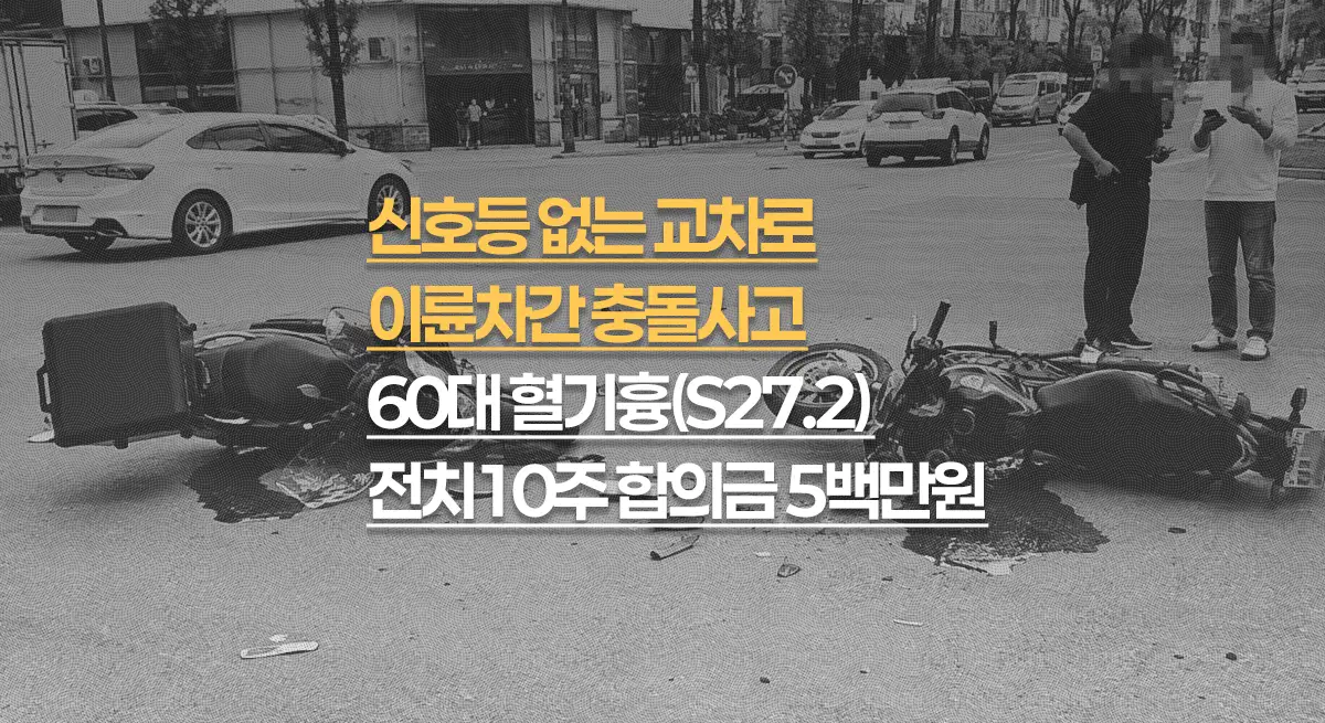 신호등 없는 교차로 이륜차간 충돌사고, 60대 외상성 혈기흉(S27.2) 전치10주, 합의금 500만원